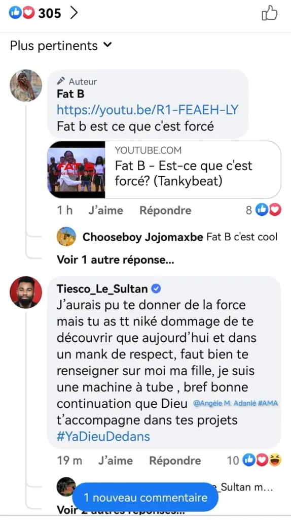 Deuxième Image de Société. Le rappeur ivoirien Tiesco Le Sultan fait face à des accusations de plagiat émises par la rappeuse béninoise Fat B. Cette dernière dénonce les similitudes entre son titre "Est-ce que c'est forcé" et celui de Tiesco Le Sultan portant le même nom. Les échanges sur les réseaux sociaux sont tendus, avec Tiesco Le Sultan évitant de répondre directement aux accusations et accusant Fat B de manquer de respect. Après des recherches, Fat B reconnaît que le titre de Tiesco Le Sultan est sorti avant le sien, ce qui explique la suppression de sa publication Facebook. D'après vous, comment devrait-on traiter les cas de similitudes entre les œuvres artistiques ?